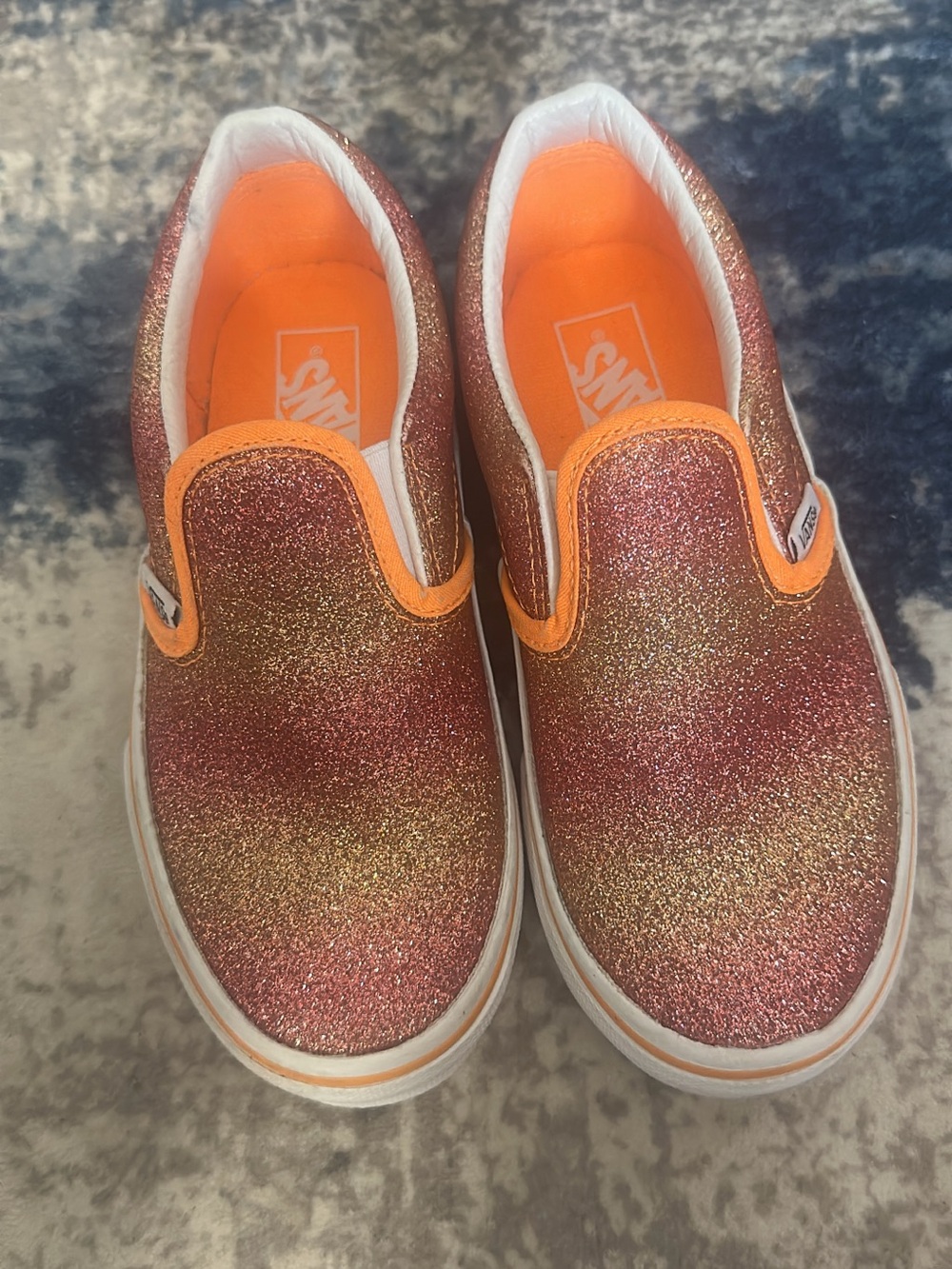 Vans Kids Glitter Slip-On Sneakers in Orange and Gold Sparkle size 13